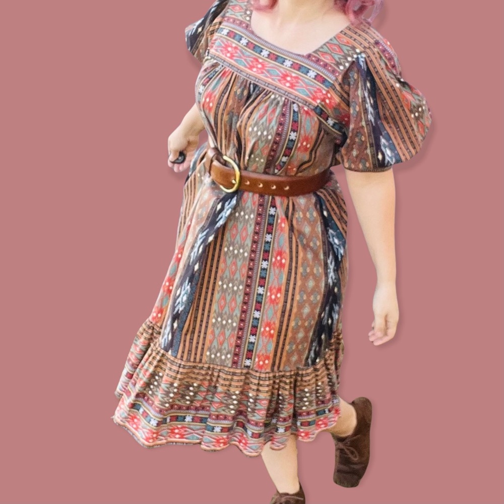 Vintage Ruth Norman boho puff sleeve dress size medium